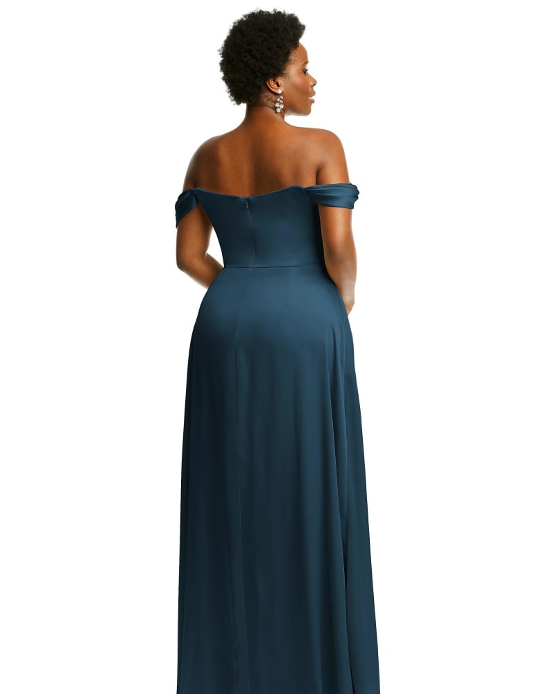 Off the Shoulder Flounce Sleeve Empire Waist Gown with Front Slit At
